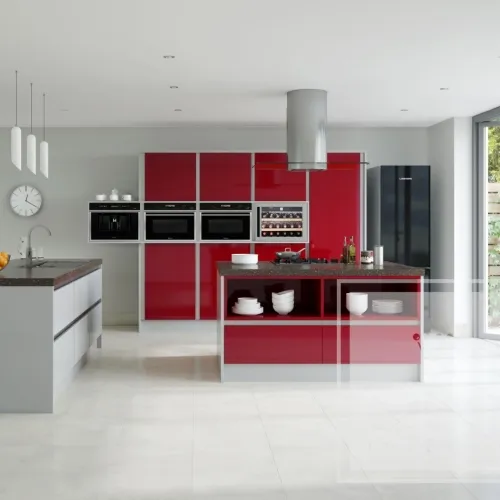 Image of kitchen with red gloss cabinetry and white accents