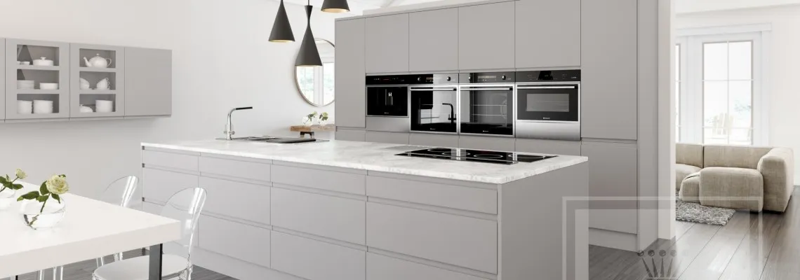 Cashmere Handleless Kitchen Interior image of kitchen with cashmere handleless cabinetry