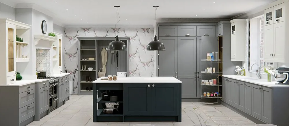 Final Hero Door Open Kitchen in shades of grey with accent wallpaper