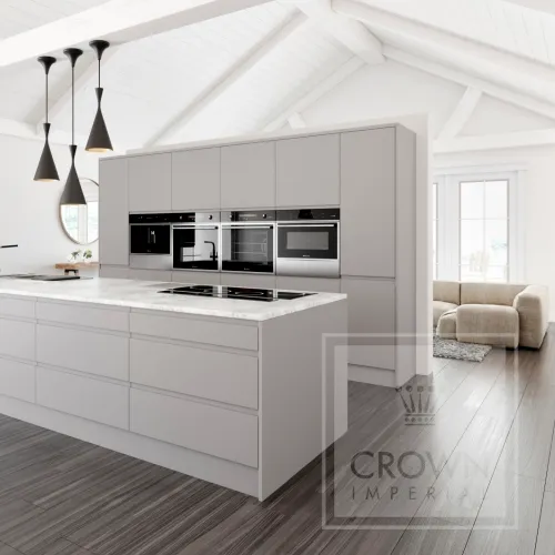 Image of kitchen with grey matt cabinets, wood floors and white accents