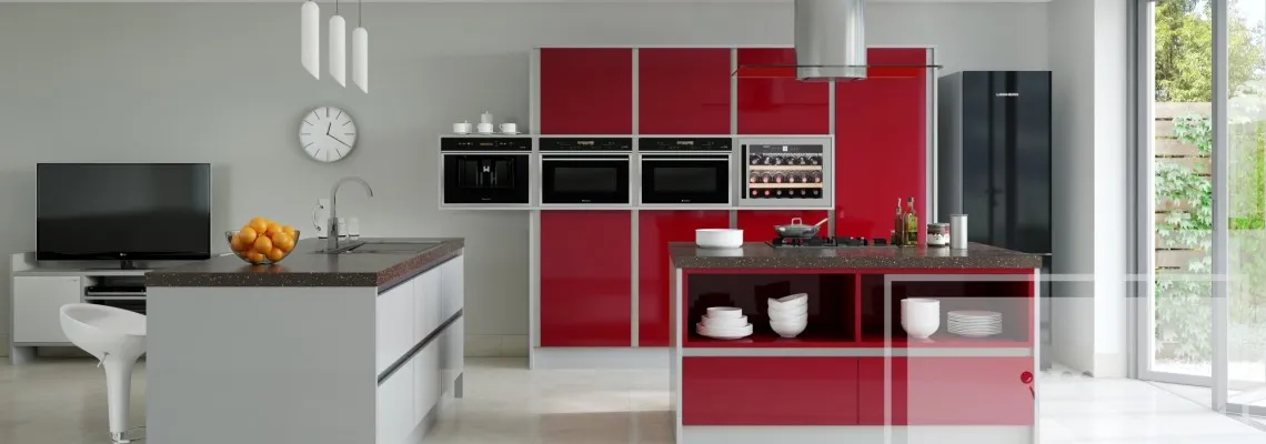 Red Gloss Handleless Kitchen Kitchen interior image showing red cabinetry with oven display