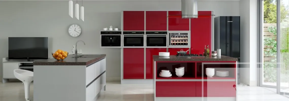 Image of kitchen with two islands with red and grey cabinetry