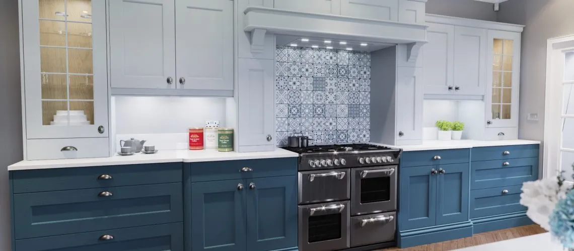 Georgian Aegean & Breeze cabinets Kitchen in shades of blue with blue and grey cabinets and accent tiling